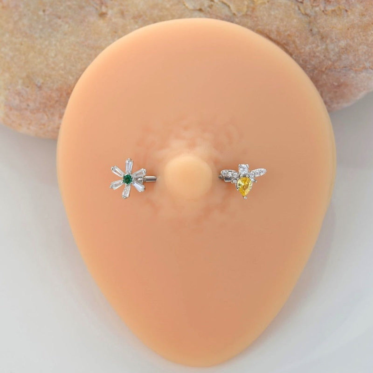 Flower or Bee Nipple Barbell, 1.4mm x 15mm, Silver, Single