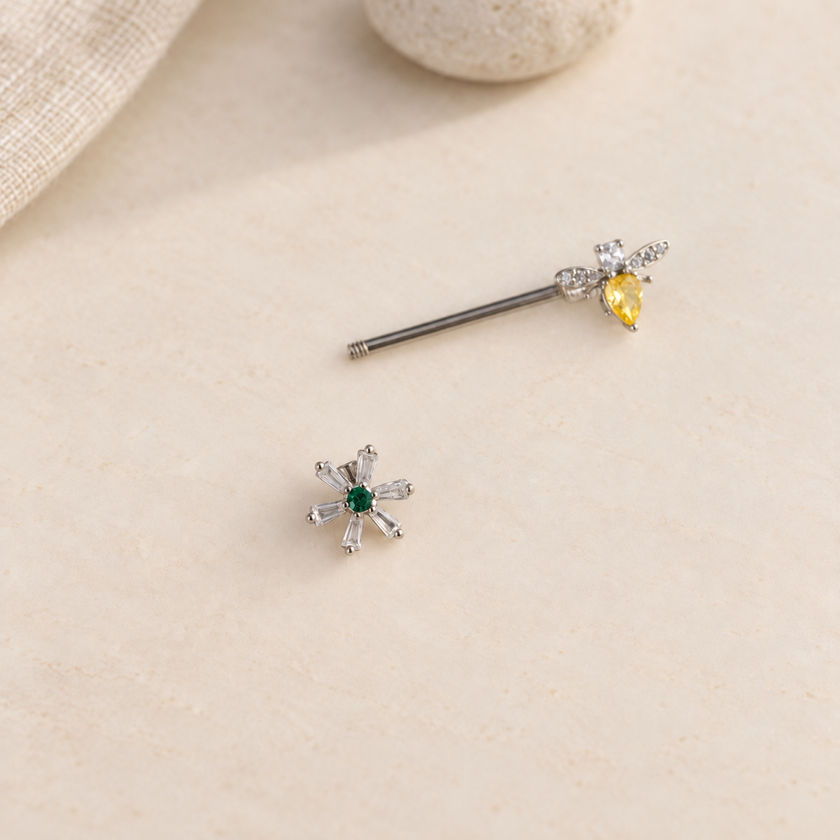 Flower or Bee Nipple Barbell, 1.4mm x 15mm, Silver, Single