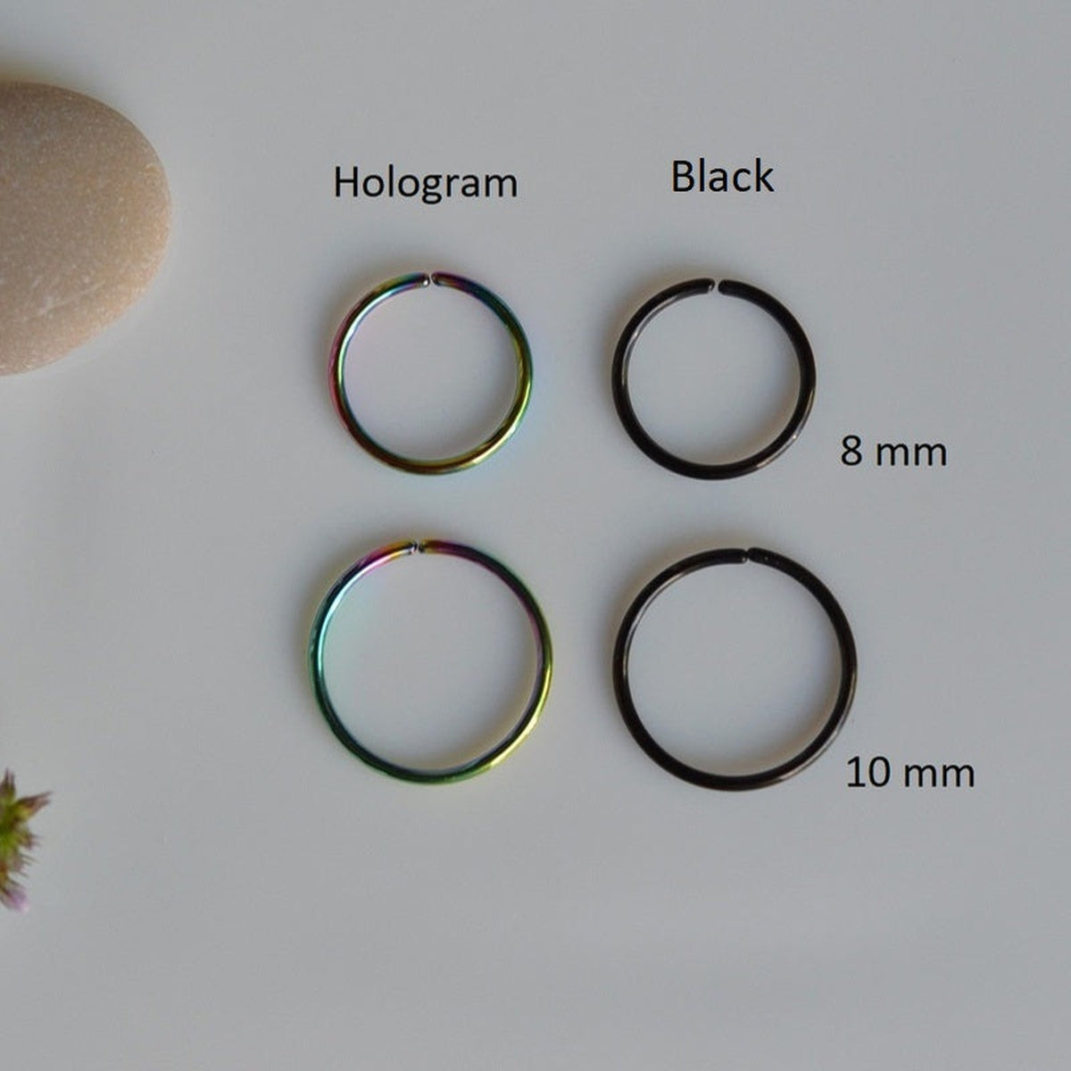 Flat Nose Ring, 8mm or 10mm, Gold, Silver, Black or Hologram, 316L Stainless Steel, Single