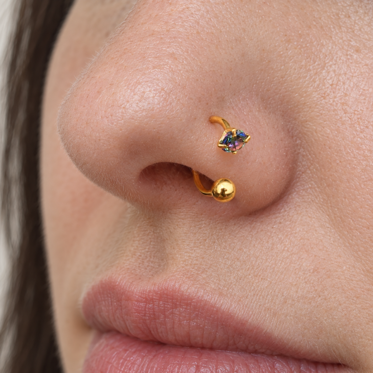 Zircon Nose Ring, 18G, 8mm, Gold or Silver, 316L Stainless Steel, Single