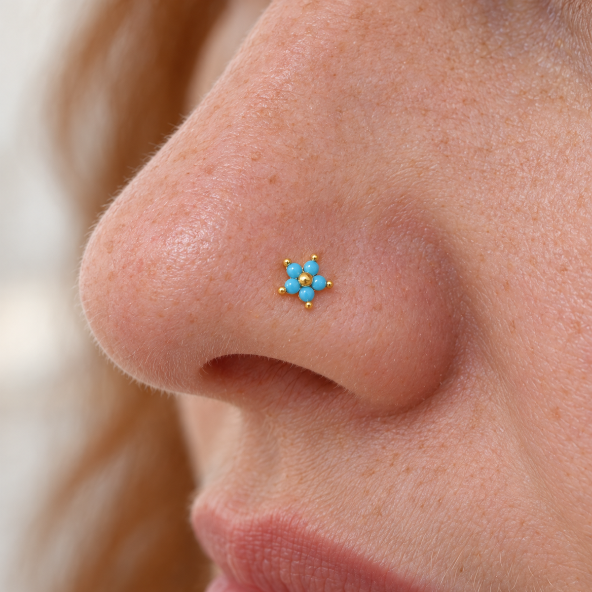 Turquoise Flower Nose Stud, 0.7mm x 8mm, Gold or Silver, Single