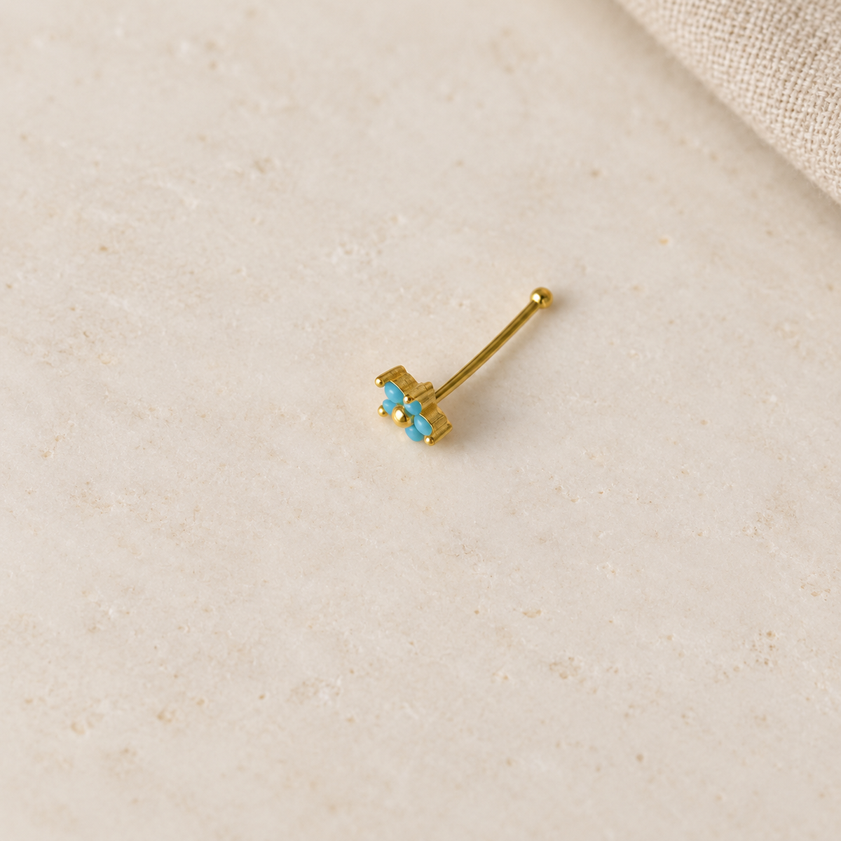 Turquoise Flower Nose Stud, 0.7mm x 8mm, Gold or Silver, Single