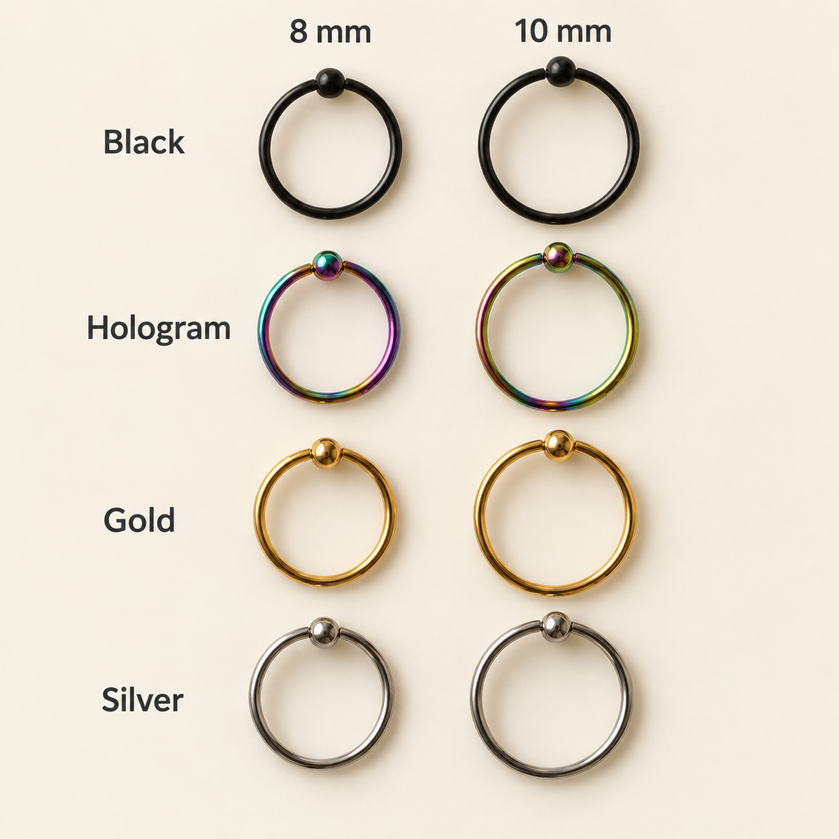 Nose Ring, 20G, 8mm or 10mm, Gold, Silver, Black or Hologram, 316L Stainless Steel, Single