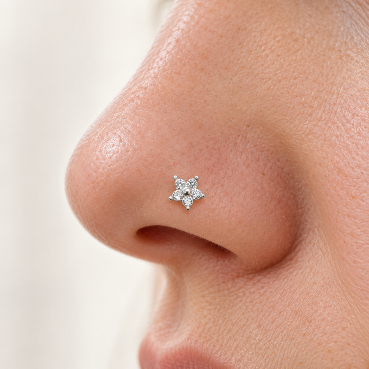 Bone Flower Nose Stud in Gold or Silver, 925 Sterling Silver, Pair