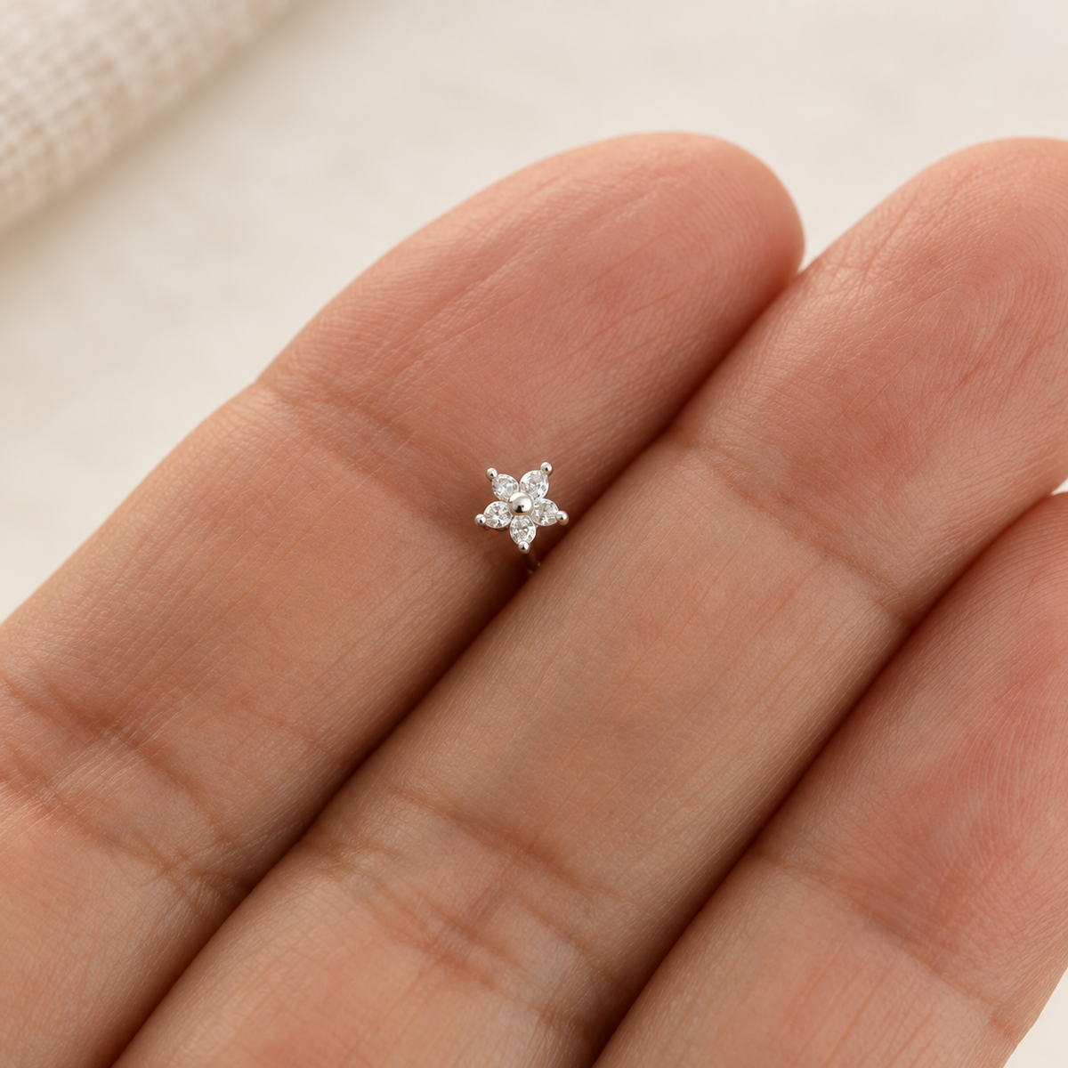 Bone Flower Nose Stud in Gold or Silver, 925 Sterling Silver, Pair