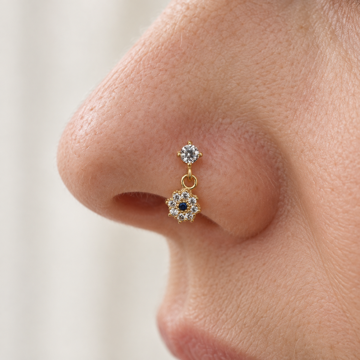 Flower Evil Eye Nose Stud in Gold or Silver, 925 Sterling Silver, Pair