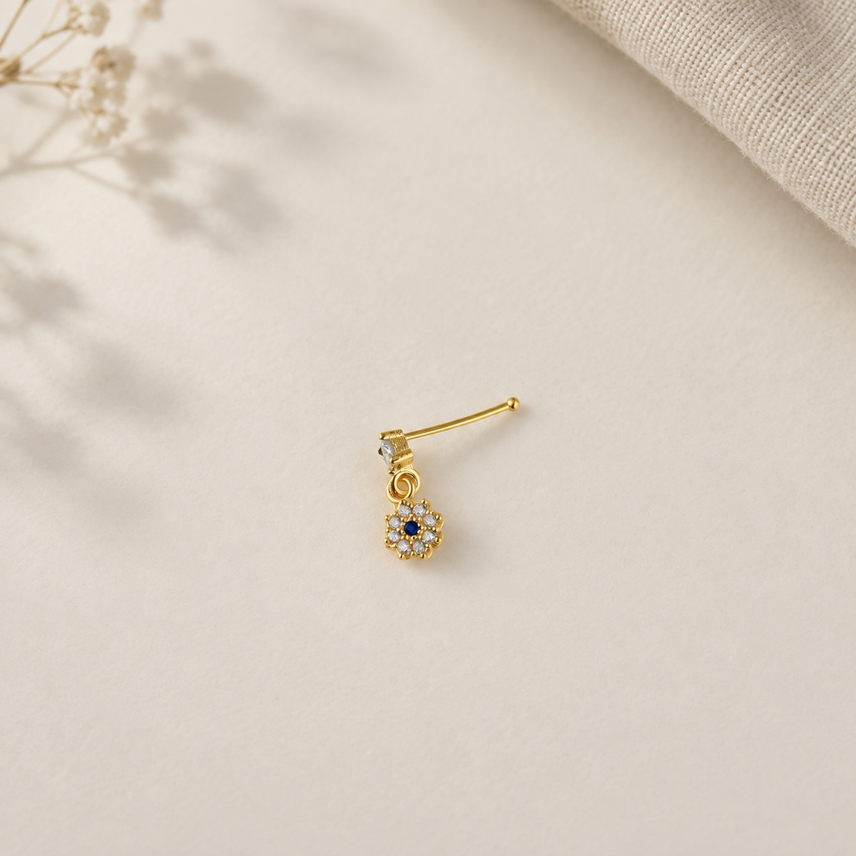 Flower Evil Eye Nose Stud in Gold or Silver, 925 Sterling Silver, Pair