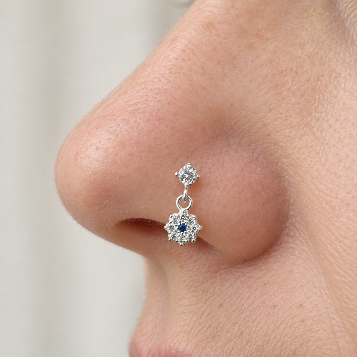 Flower Evil Eye Nose Stud in Gold or Silver, 925 Sterling Silver, Pair