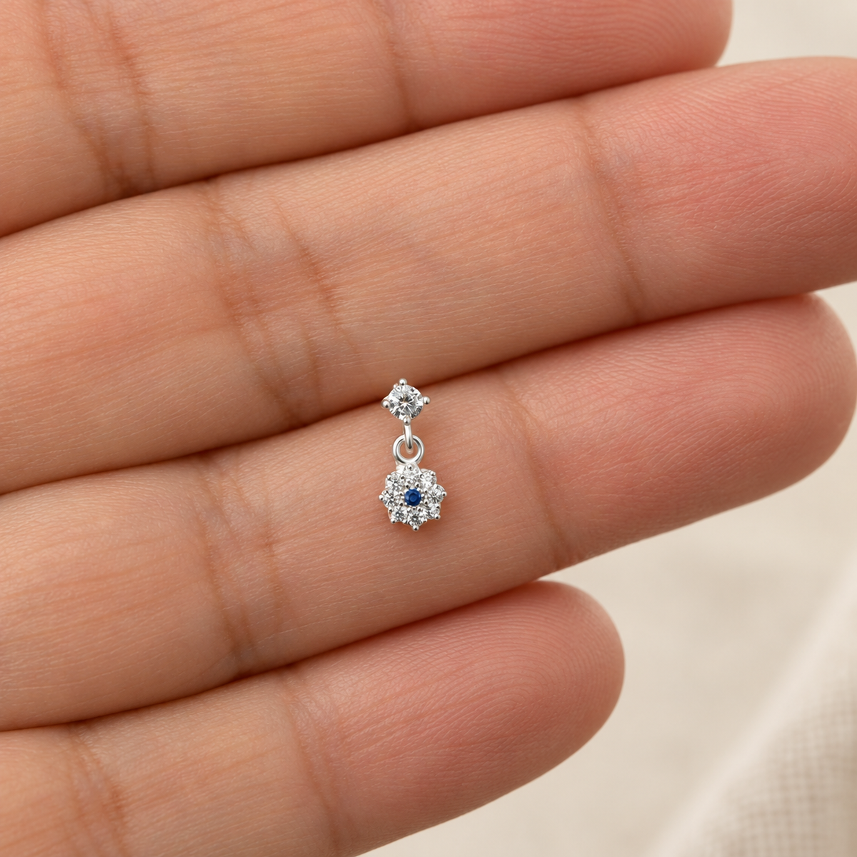 Flower Evil Eye Nose Stud in Gold or Silver, 925 Sterling Silver, Pair