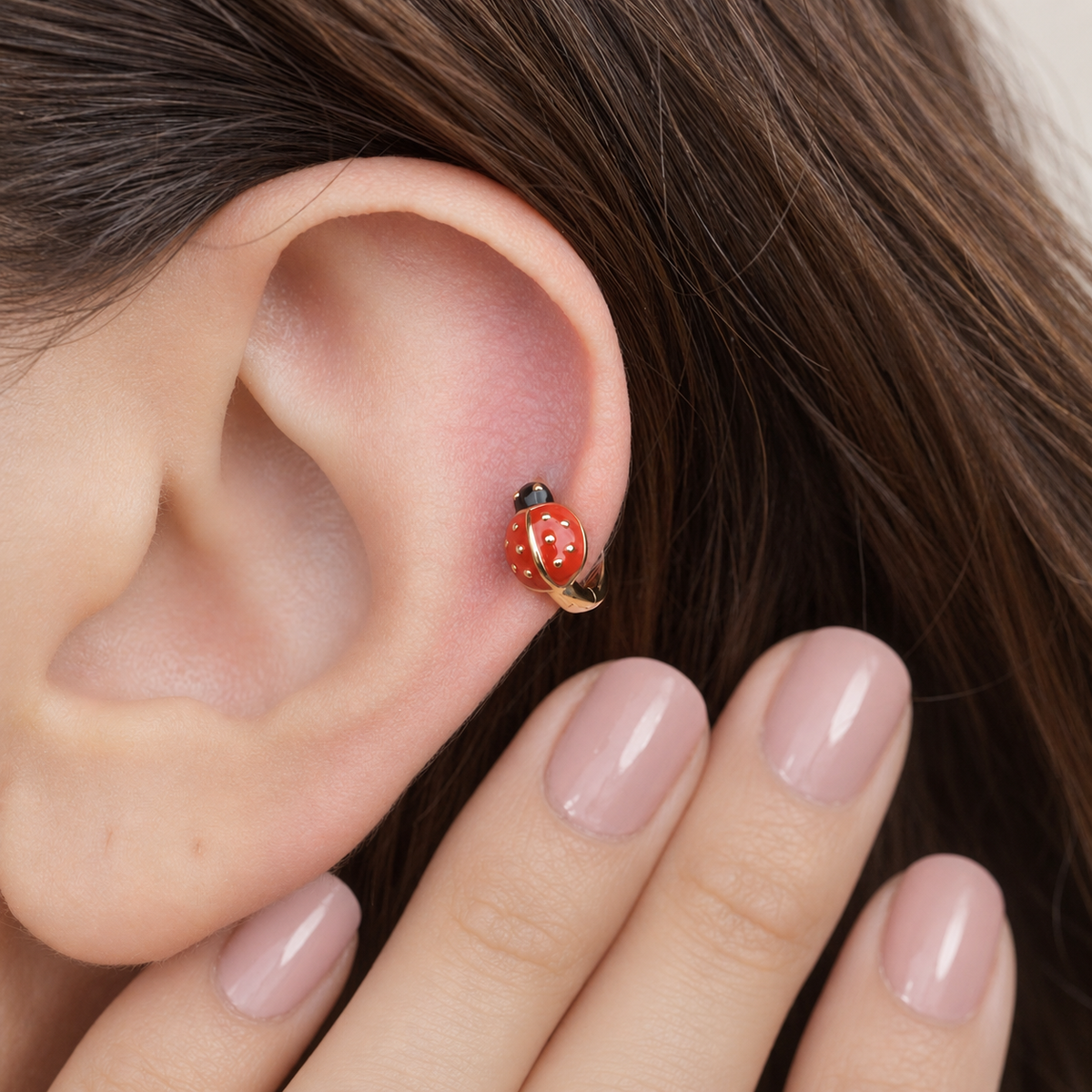 Ladybug Cartilage Hoop Earring for Helix & Tragus, 18G, 7mm, Gold, Single