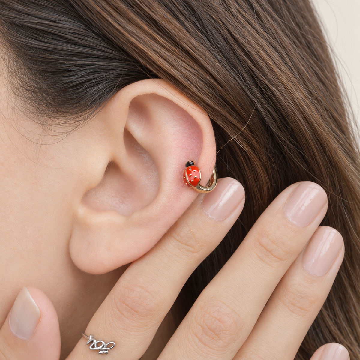 Ladybug Cartilage Hoop Earring for Helix & Tragus, 18G, 7mm, Gold, Single