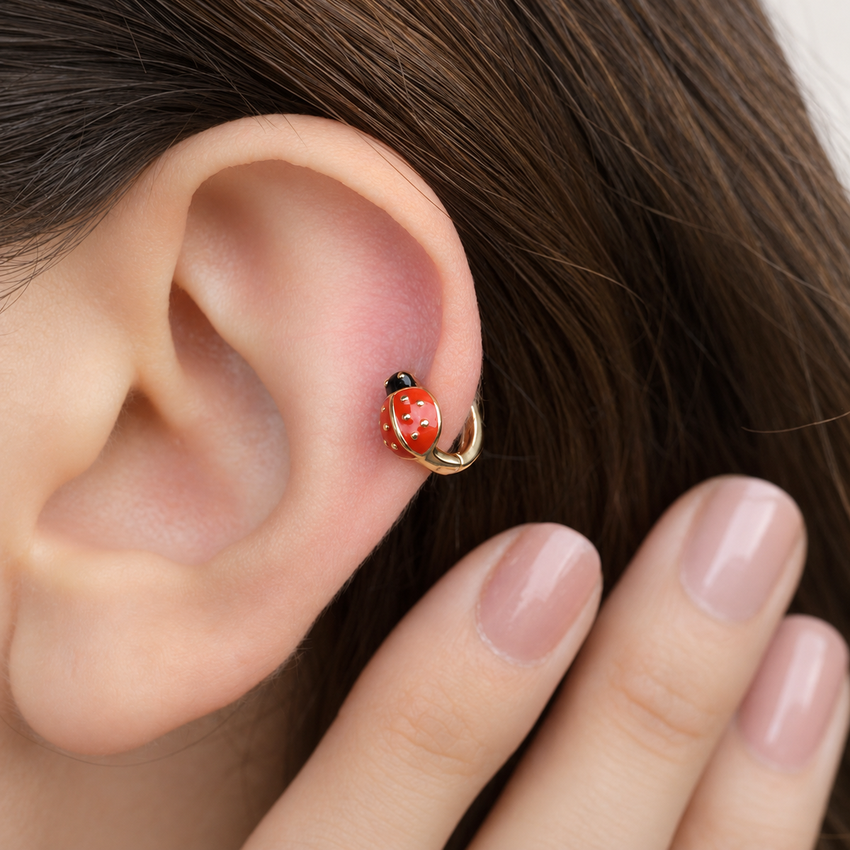 Ladybug Cartilage Hoop Earring for Helix & Tragus, 18G, 7mm, Gold, Single
