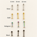 Flat Back Labret, 16G, 6mm, 8mm & 10mm, Gold, Silver, Black or Hologram, Single