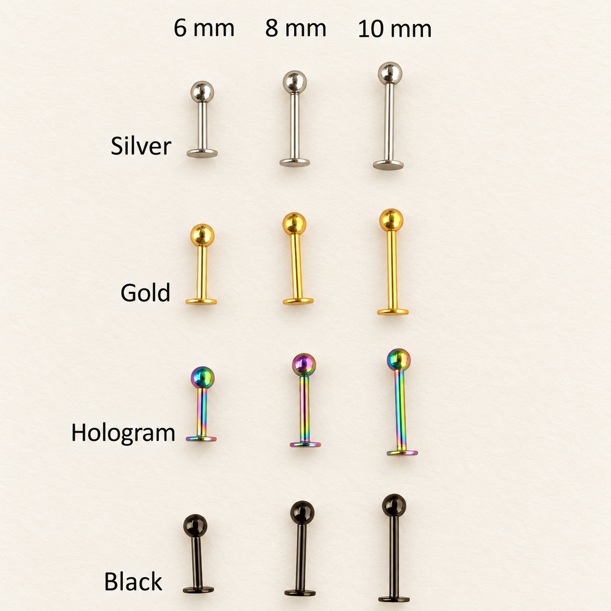 Flat Back Labret, 16G, 6mm, 8mm & 10mm, Gold, Silver, Black or Hologram, Single