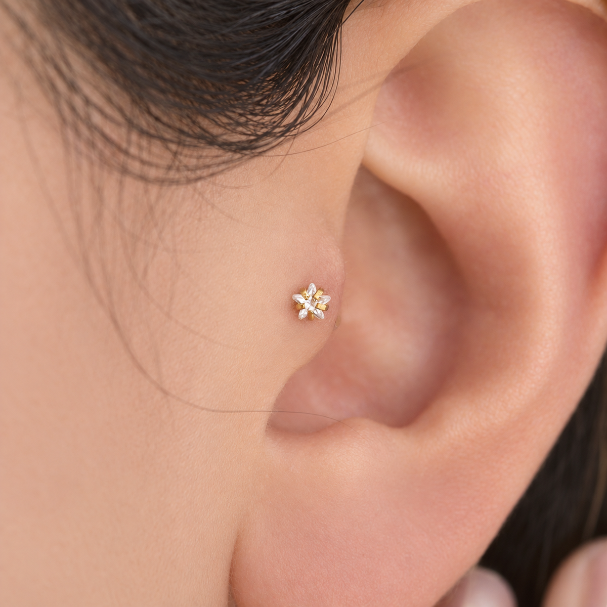 Gold star piercing stud worn in tragus