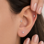 Silver star studs worn in ear piercings