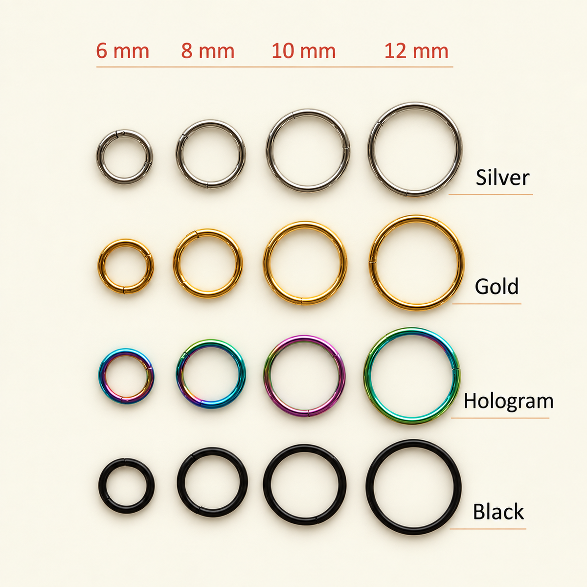 Hoop Ring, 16G, 6-12mm, Gold, Silver, Black or Hologram, Single