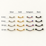 Curved barbell colour and size comparison chart, 6 mm to 12 mm