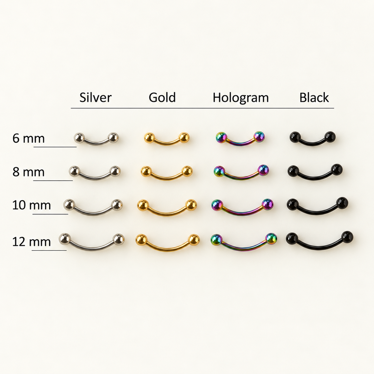 Curved barbell colour and size comparison chart, 6 mm to 12 mm
