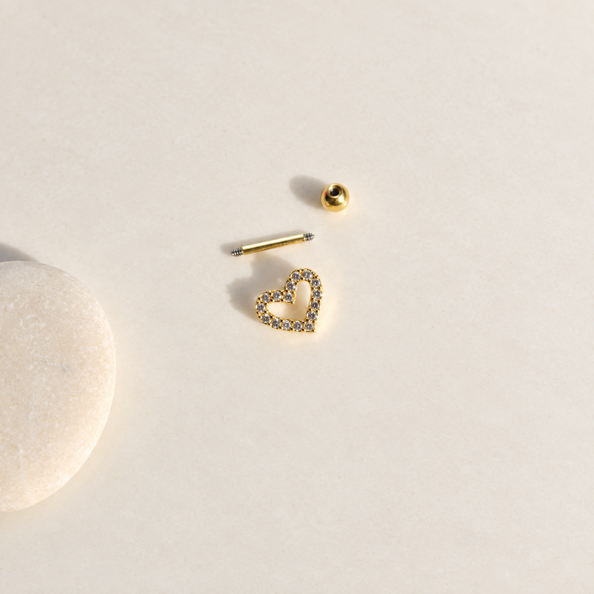 Gold zircon heart piercing stud with ball end removed