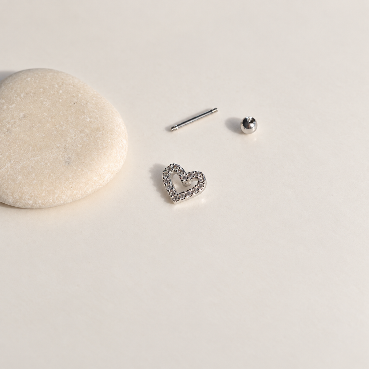 Silver zircon heart piercing stud with ball end removed