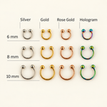 Ball-end horseshoe barbell colour and size comparison, 6 mm, 8 mm and 10 mm