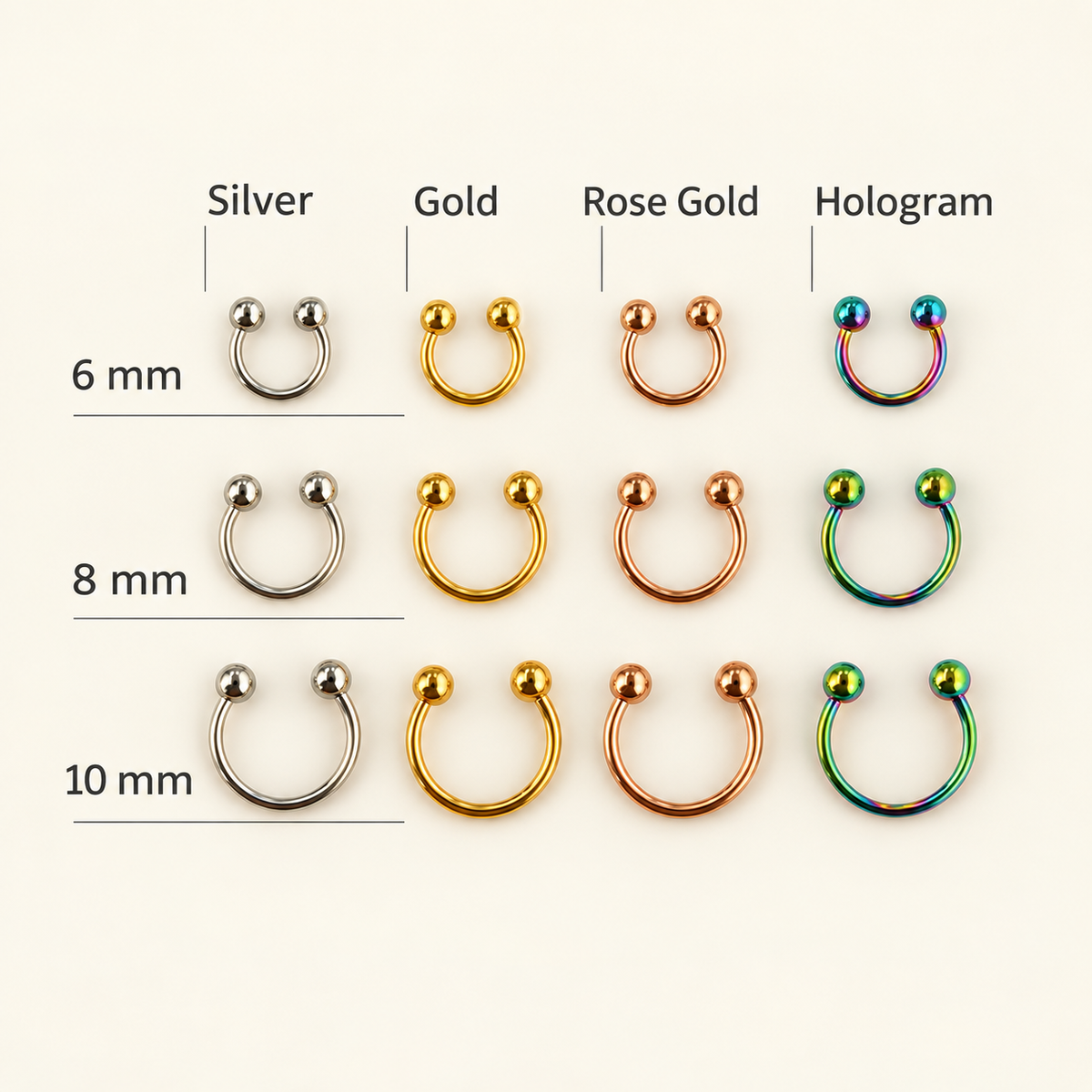 Ball-end horseshoe barbell colour and size comparison, 6 mm, 8 mm and 10 mm