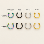 Mini horseshoe circular barbell colour and size guide, 6mm and 8mm