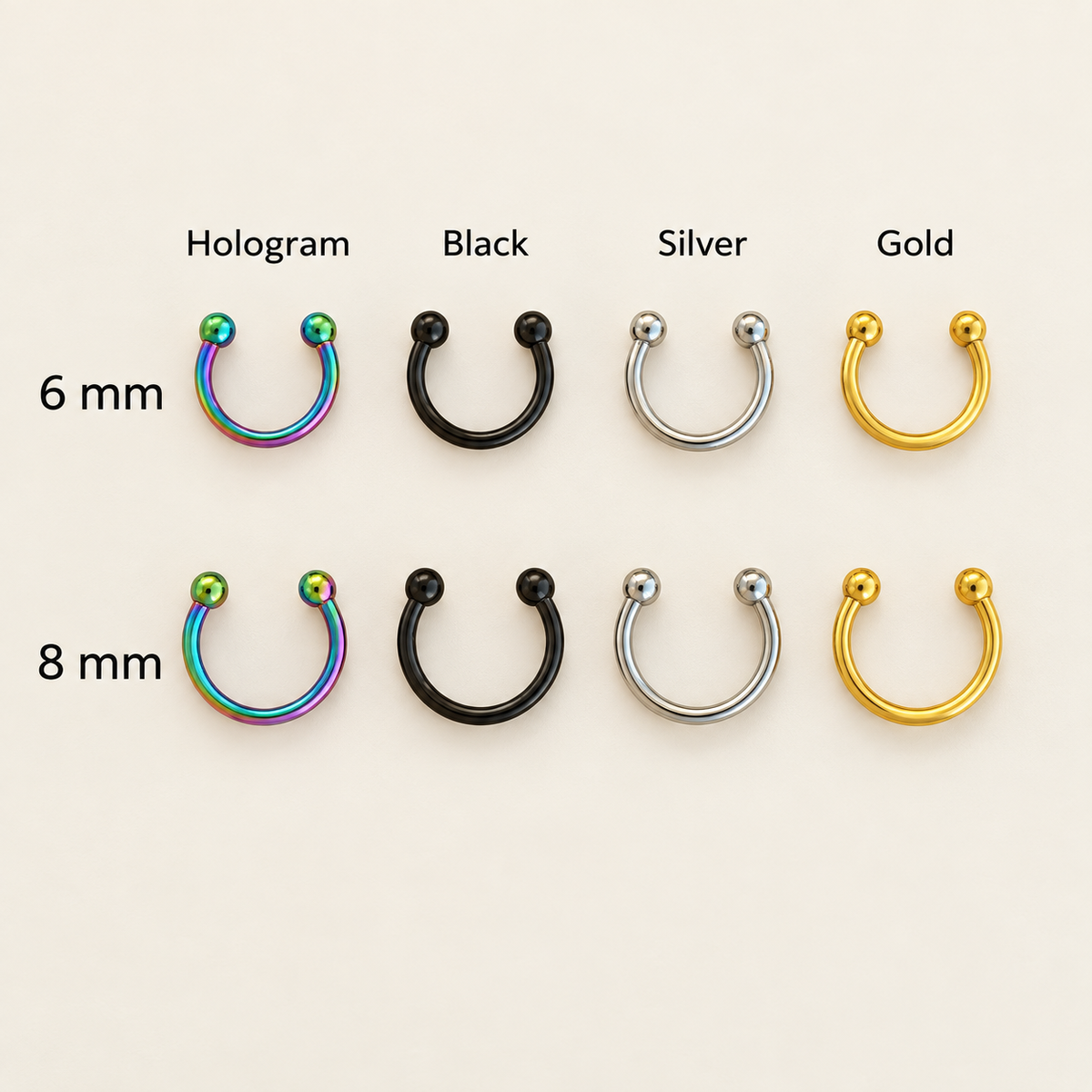 Mini horseshoe circular barbell colour and size guide, 6mm and 8mm