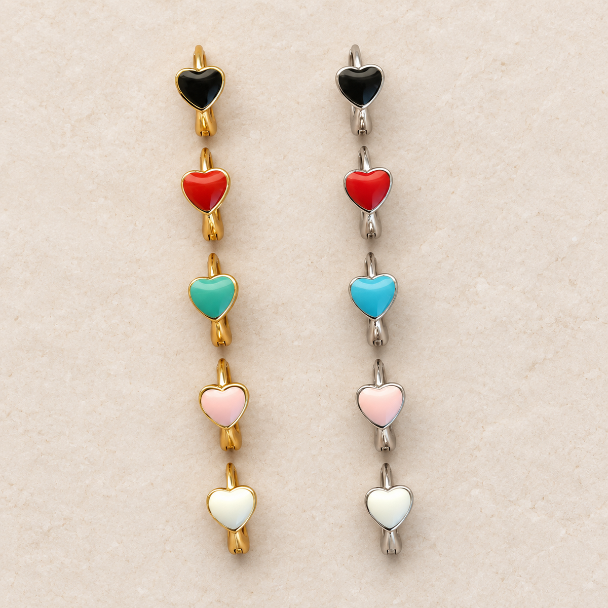 Heart hoop rings in gold and silver with assorted heart colours