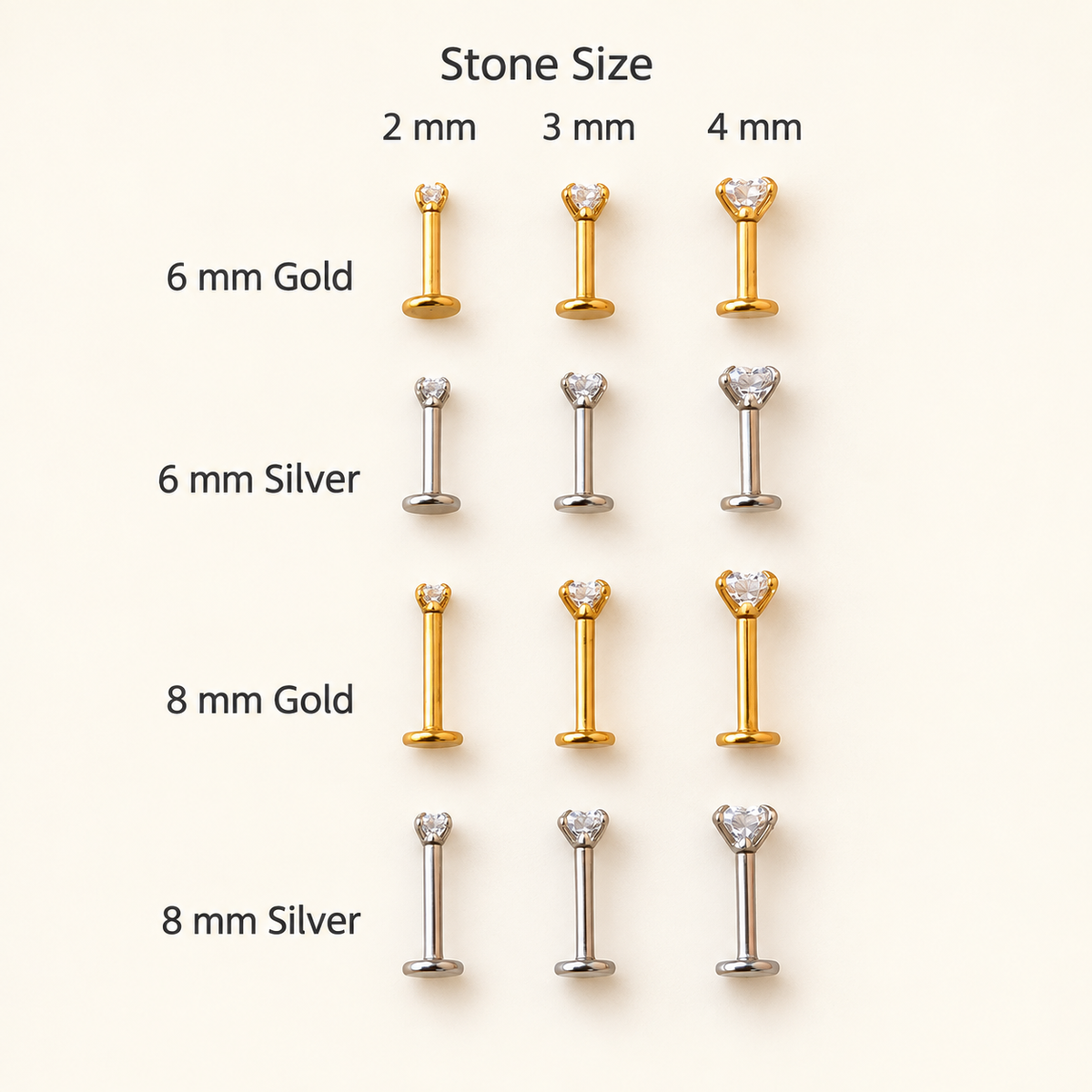 Gold and silver solitaire studs with labelled post lengths and stone sizes — Toku LONDON