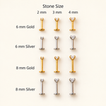 Gold and silver solitaire studs with labelled post lengths and stone sizes — Toku LONDON