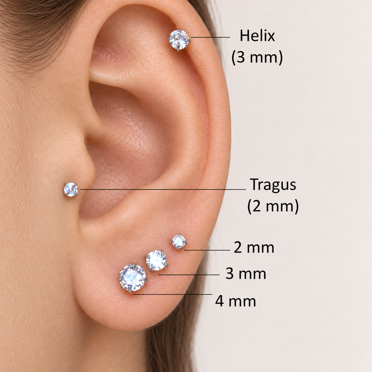 Solitaire piercing studs shown on an ear with placement and stone-size labels — Toku LONDON