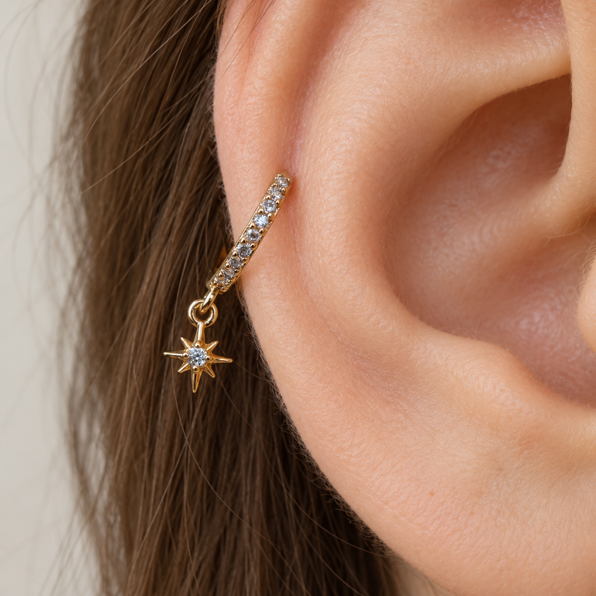 Dangle Star Hoop Ring, 9mm, Gold or Silver, Single