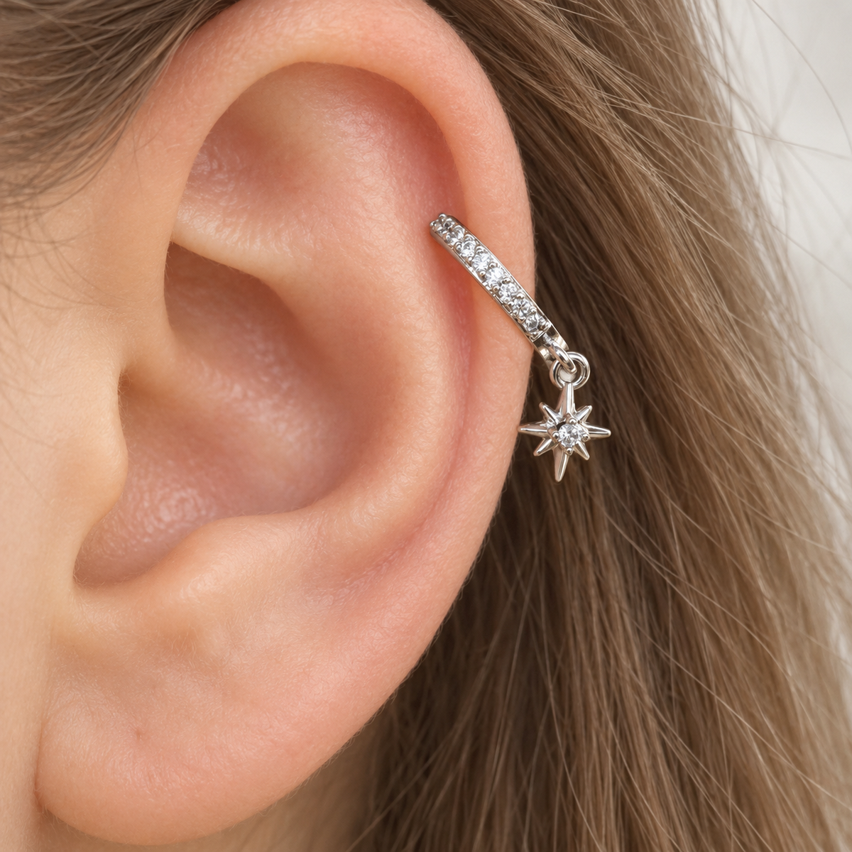 Dangle Star Hoop Ring, 9mm, Gold or Silver, Single
