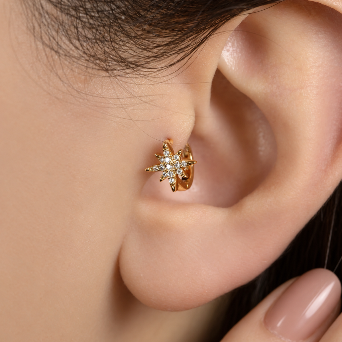 Zircon Star Cartilage Hoop Earring for Helix & Tragus in Gold or Silver, Single