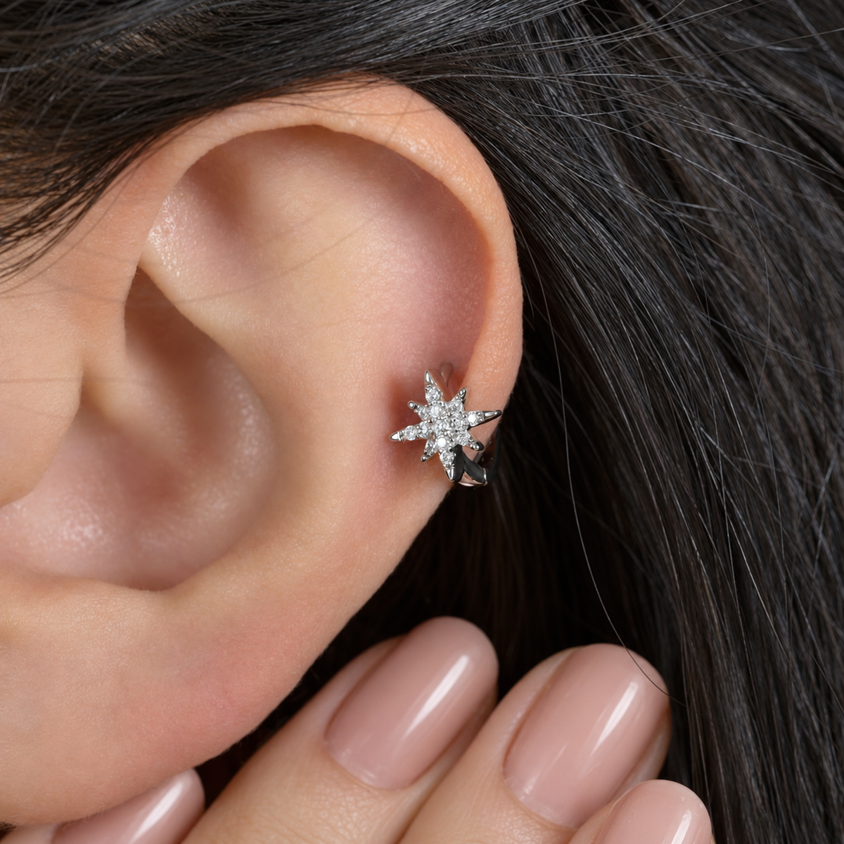 Zircon Star Cartilage Hoop Earring for Helix & Tragus in Gold or Silver, Single