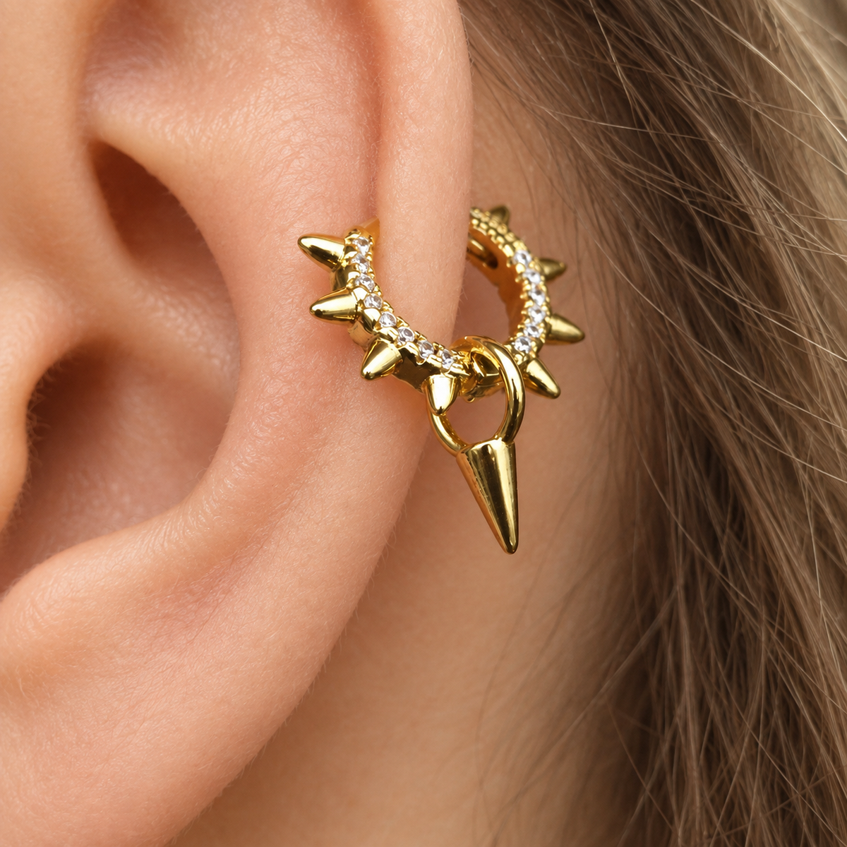 Spiked Zircon Hoop Ring with Drop Spike, 18G, 8mm, Gold or Silver, Single