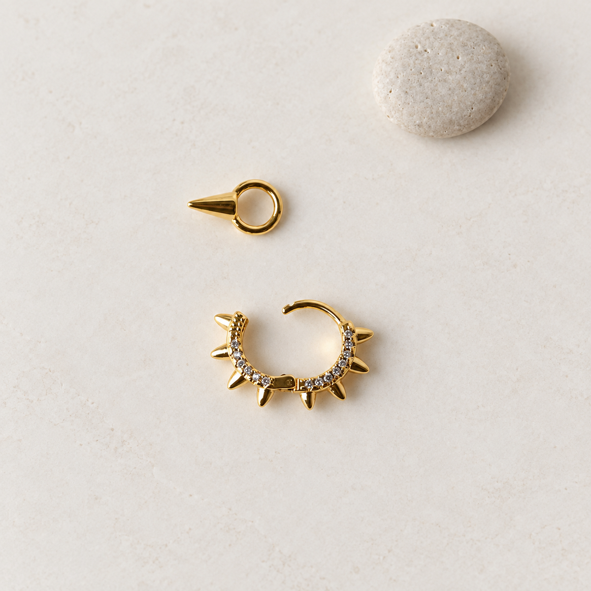 Spiked Zircon Hoop Ring with Drop Spike, 18G, 8mm, Gold or Silver, Single