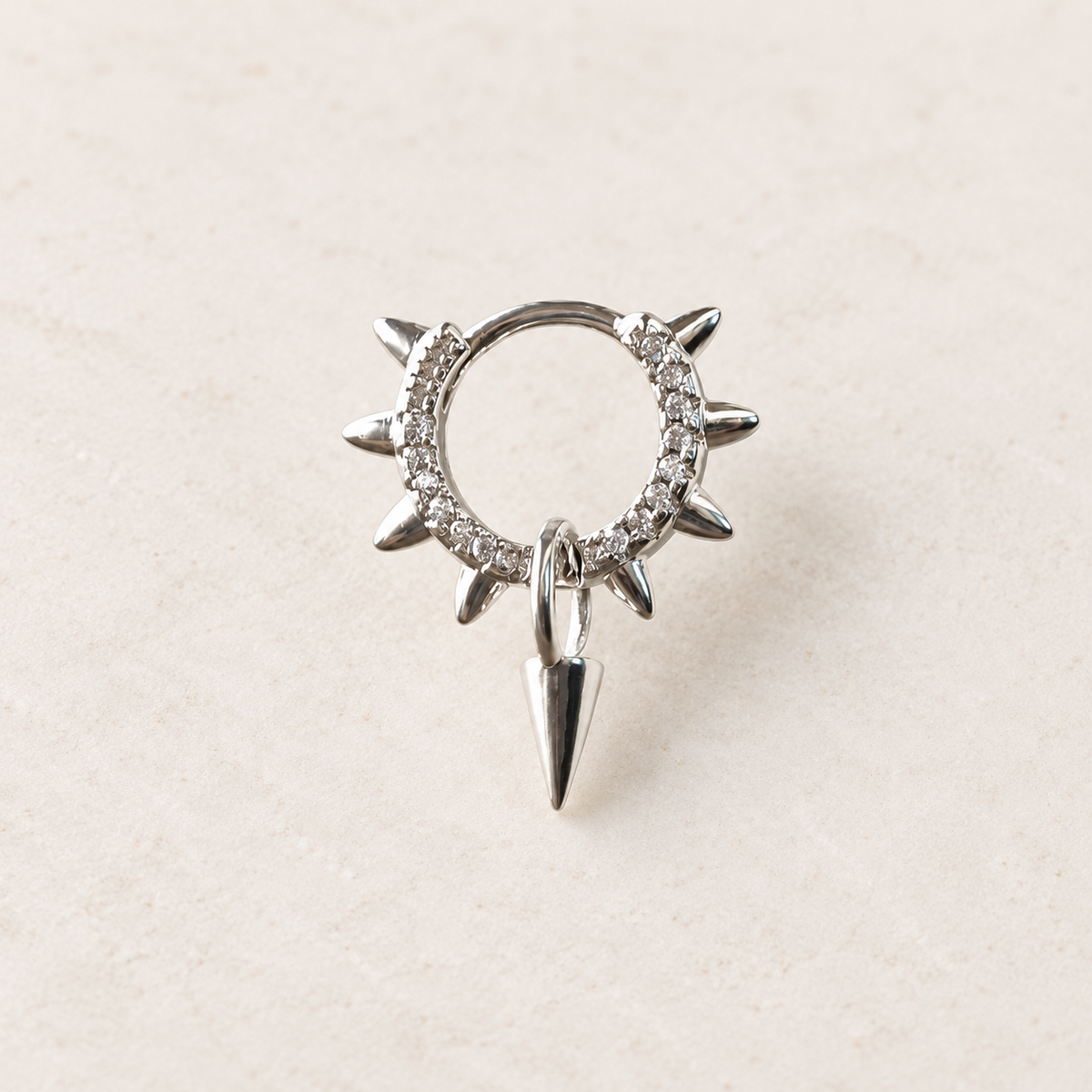 Spiked Zircon Hoop Ring with Drop Spike, 18G, 8mm, Gold or Silver, Single