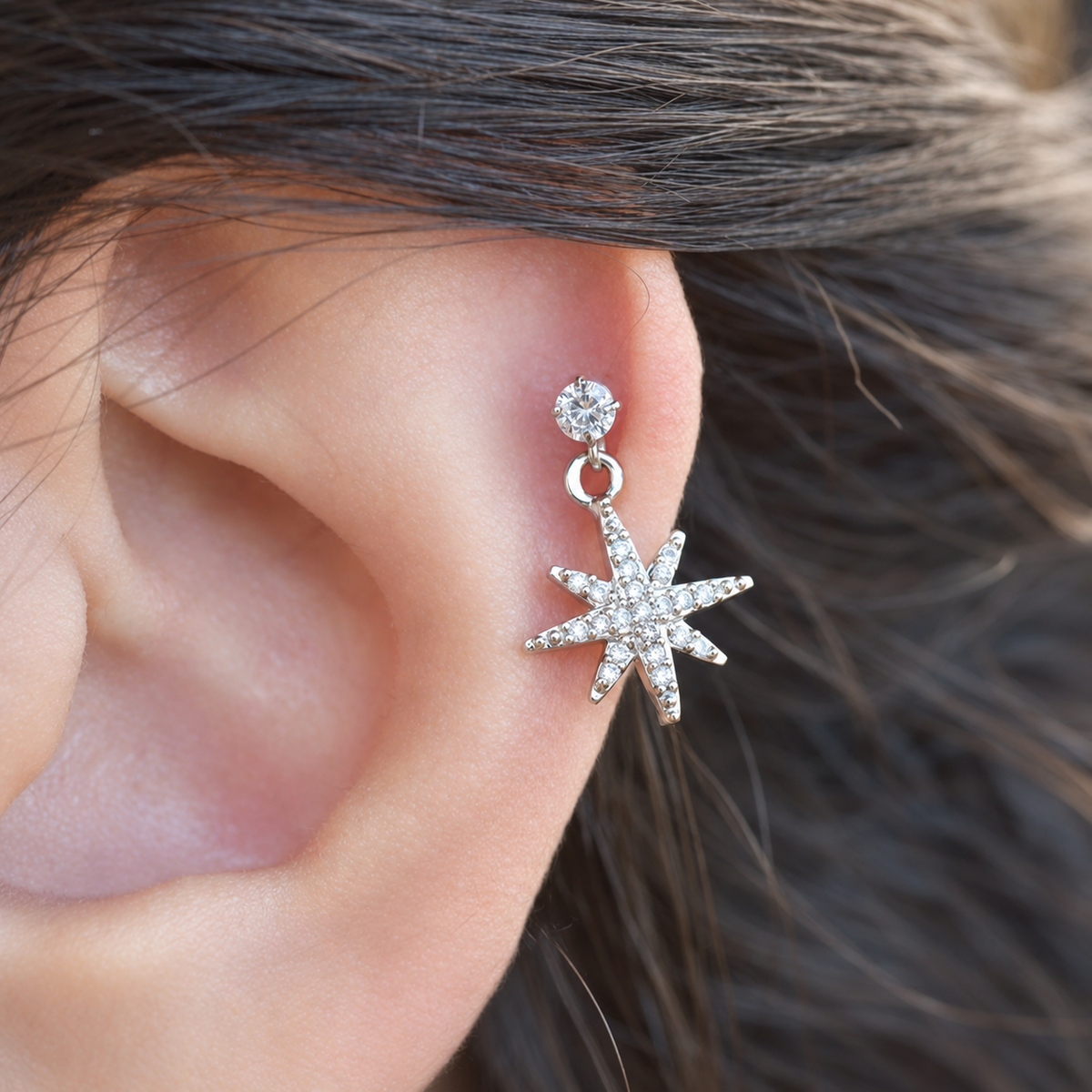 Star Dangle Piercing Stud, 18G, 6mm, Single - worn on an ear