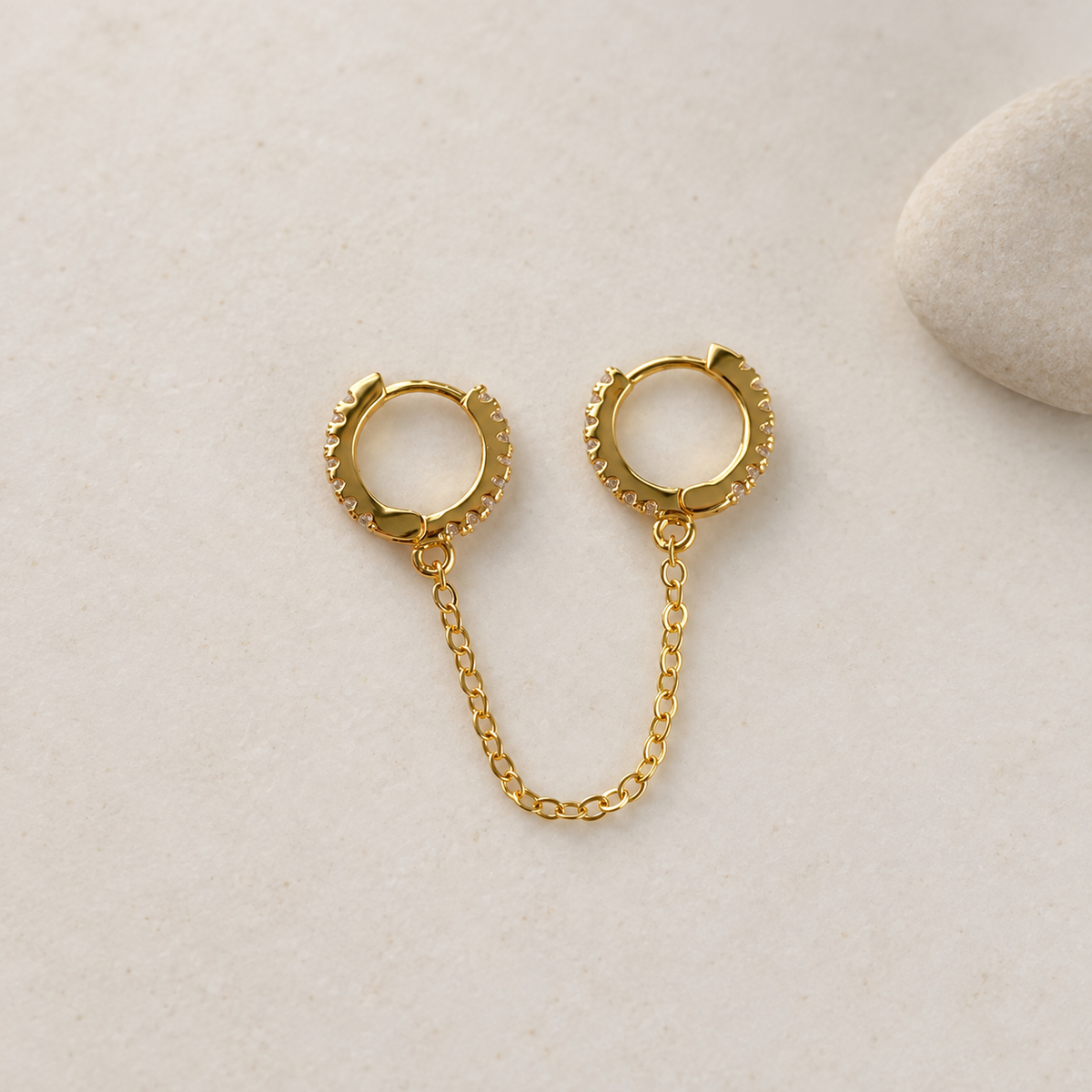 Double Hoop Ear Chain Earring for Helix & Lobe, Gold or Silver, Single