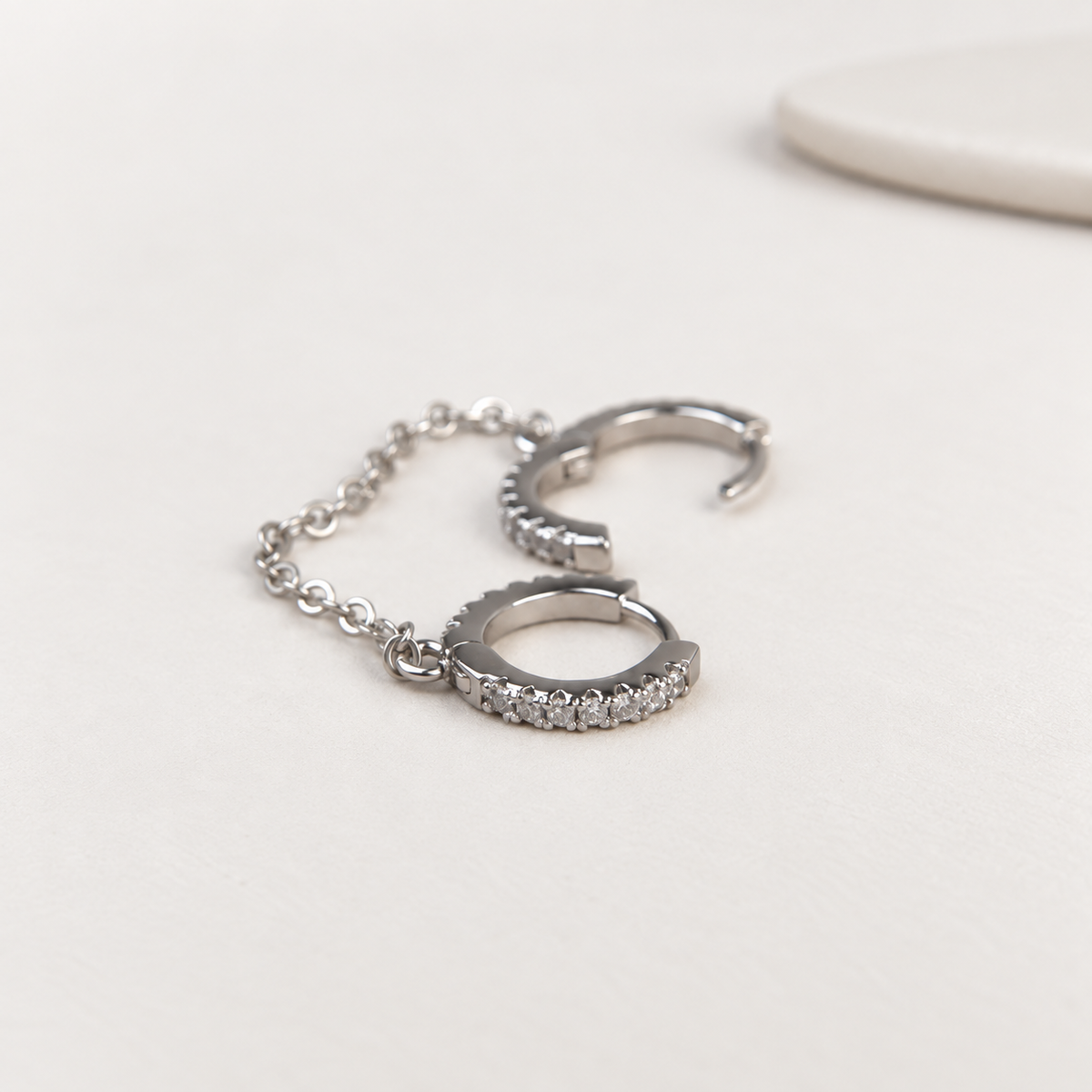 Silver double hoop ear chain earring, side detail