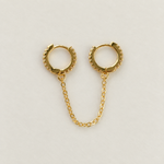 Gold double hoop ear chain earring, front view