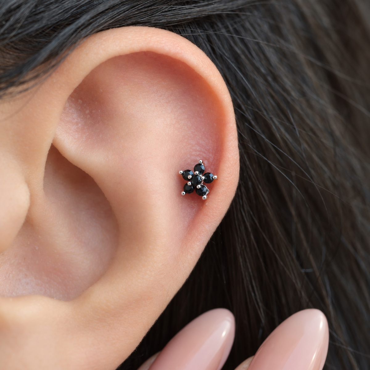 Black Flower Piercing Stud, 18G, 7mm, Single - worn on an ear