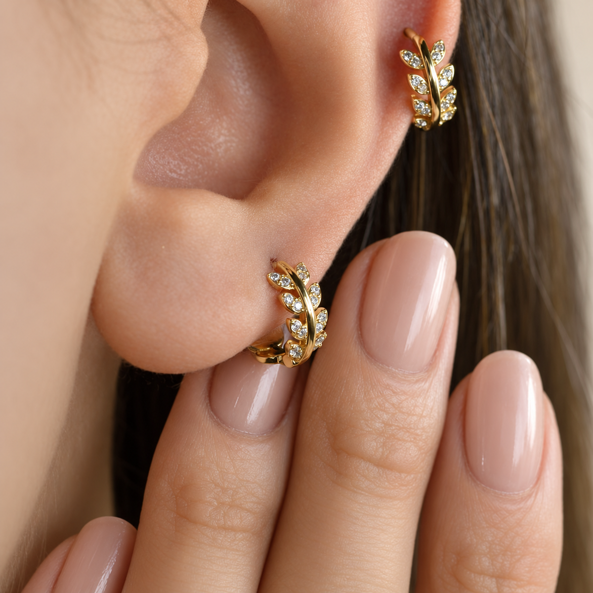 Leaf Cartilage Hoop Earrings for Helix & Tragus, Gold or Silver, Pair