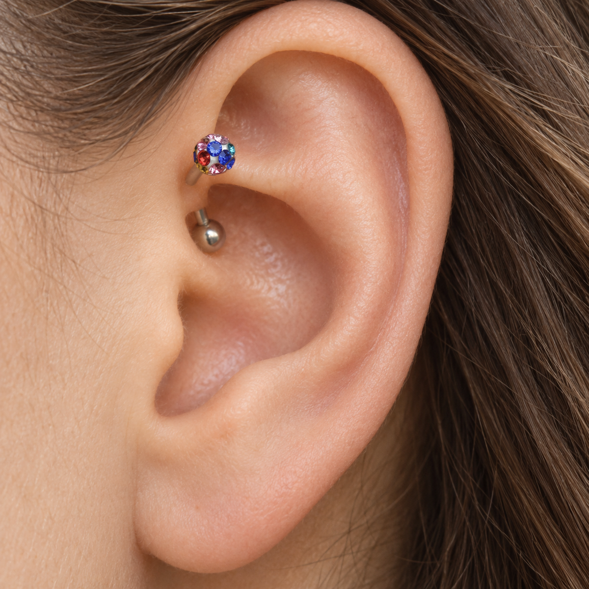 Multicolour Zircon Cluster Piercing Stud, 16G, 8mm, Silver, Single