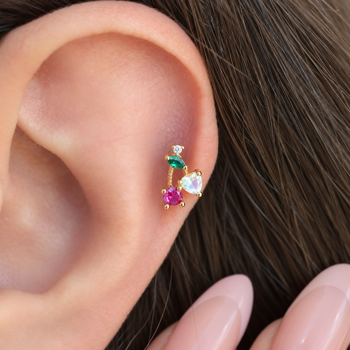 Cherry Flat Back Labret, 16G, 6mm, Gold or Silver, Single