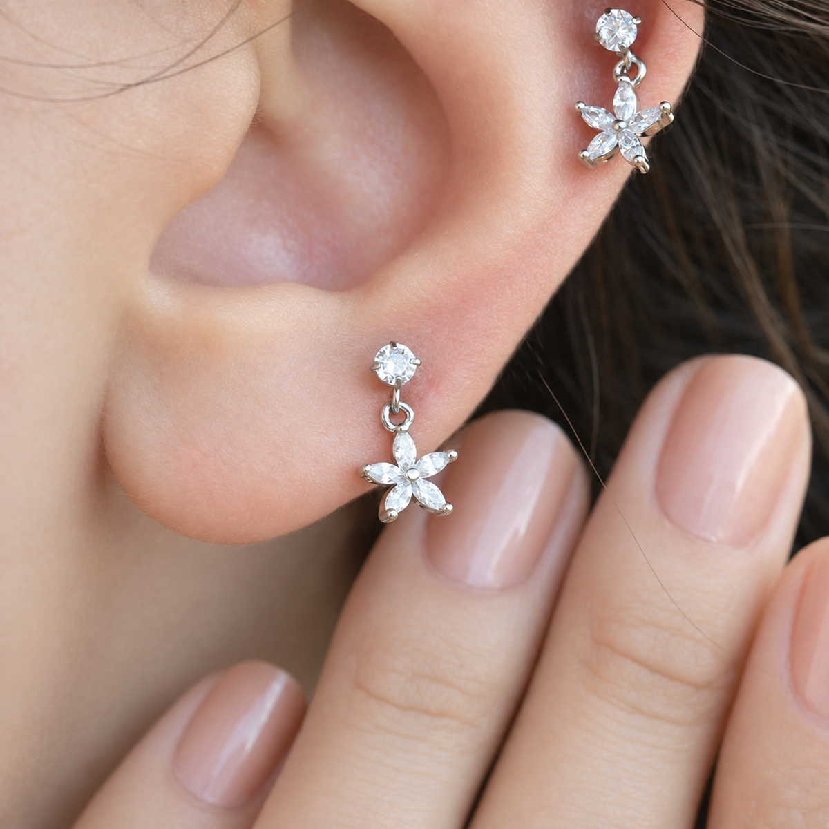 Flower Dangle Piercing Stud, 18G, 6mm, Gold or Silver, Single