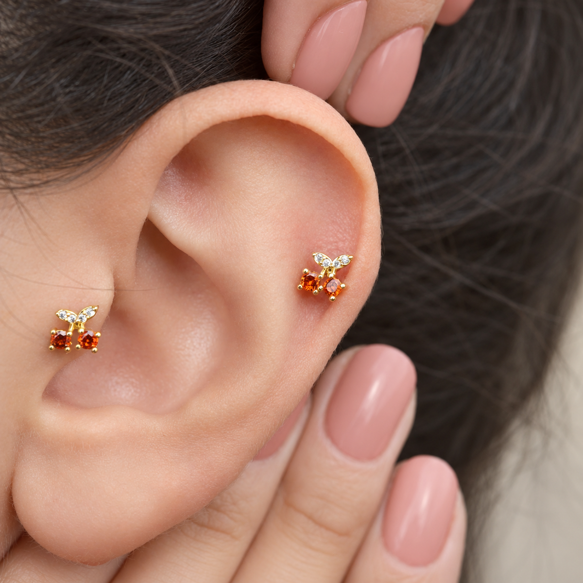 Cherry Piercing Stud, 7mm, Gold or Silver, Single